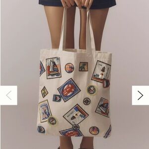 Anthropologie Beaded Stamp Print Canvas Tote Bag